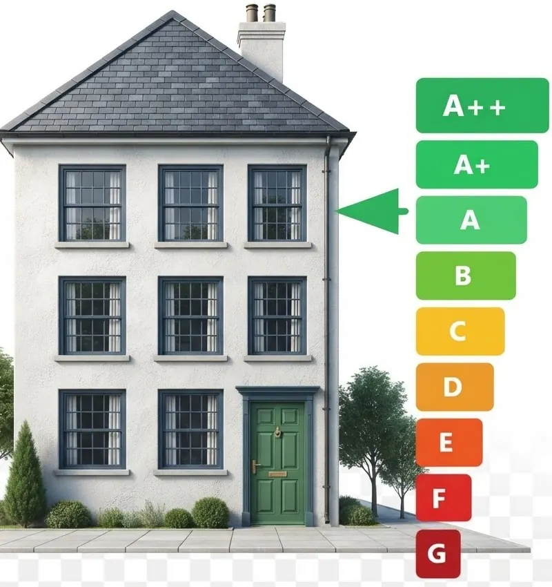 Maison à côté de l’échelle des labels PEB, de A++ à G