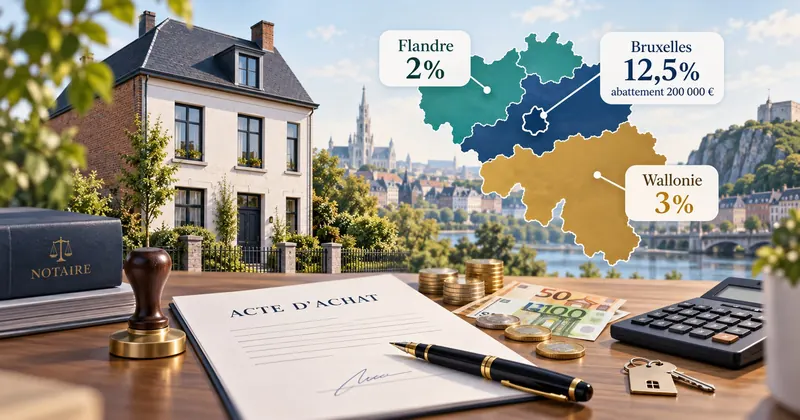 Acte d'achat sur le bureau d'un notaire, devant une carte de Belgique indiquant les droits d'enregistrement : 2 % en Flandre, 3 % en Wallonie, 12,5 % avec abattement de 200 000 € à Bruxelles
