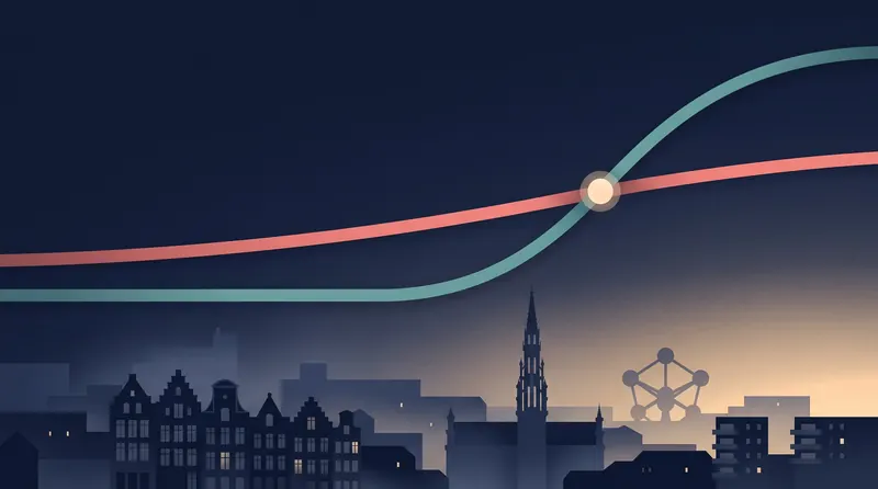 Deux courbes de couleurs différentes se croisent au-dessus d'une silhouette stylisée de Bruxelles au crépuscule ; le point de croisement marque le prix à partir duquel l'abattement bruxellois cesse d'être un avantage