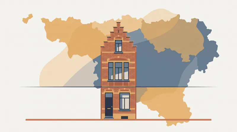 Maison mitoyenne en brique rouge devant une carte stylisée de la Wallonie, traversée à hauteur du rez-de-chaussée par une ligne horizontale qui évoque le seuil de 75 000 €