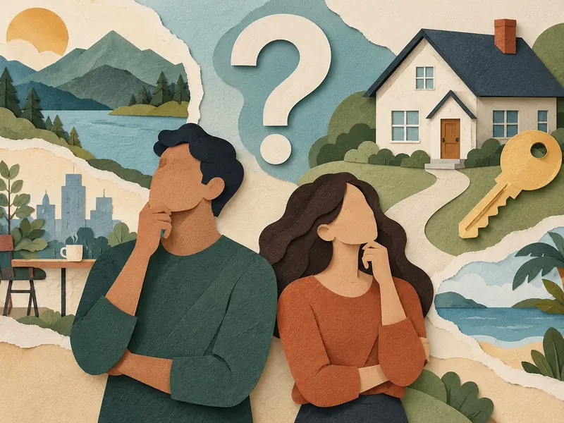 Illustration en papier découpé : un homme et une femme pensifs sous un grand point d'interrogation, entre une maison et sa clé d'un côté, la ville, la montagne et la mer de l'autre